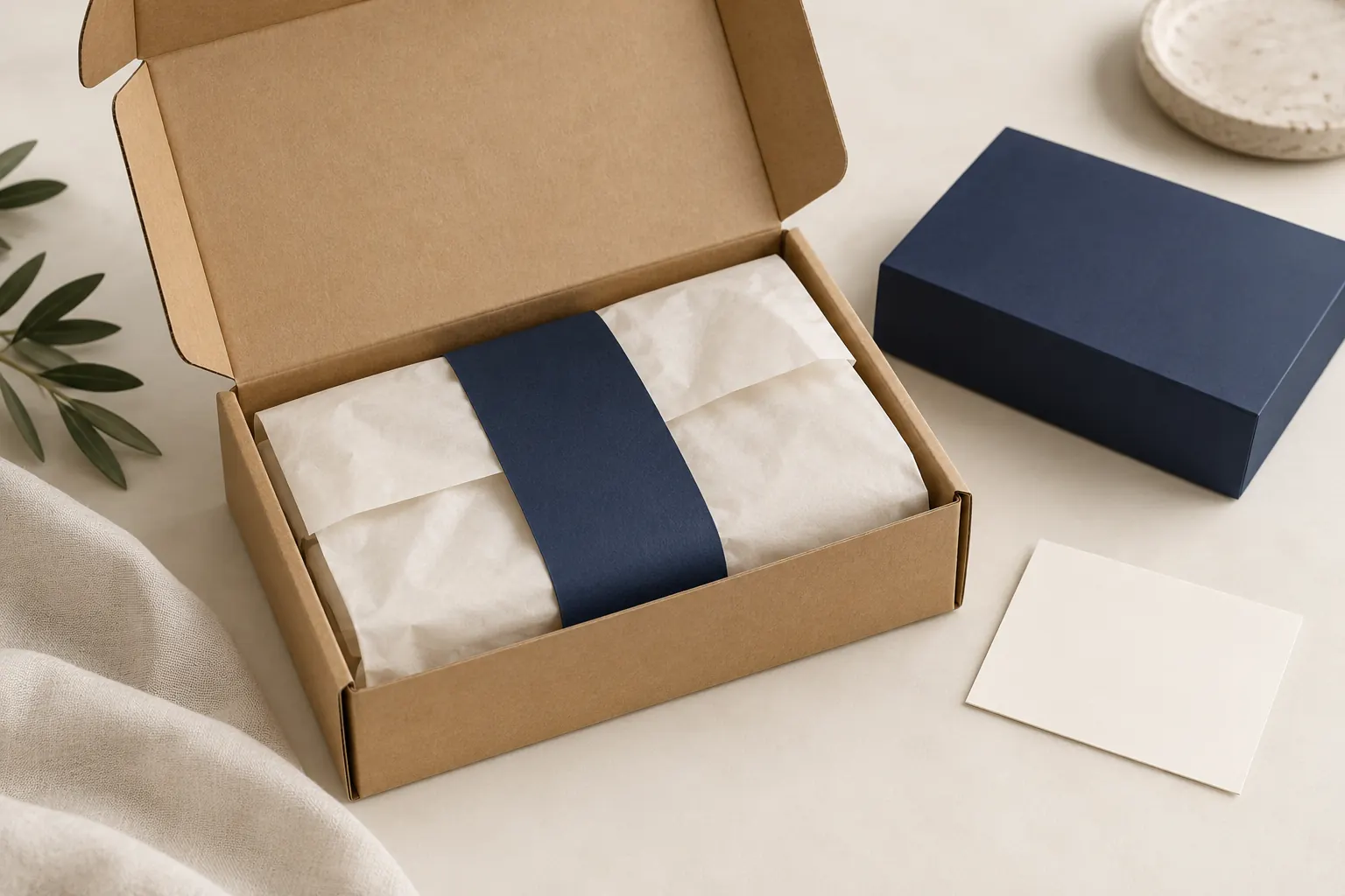 Unbranded kraft mailer box with tissue and navy packaging sleeve used for an illustrative sourcing case