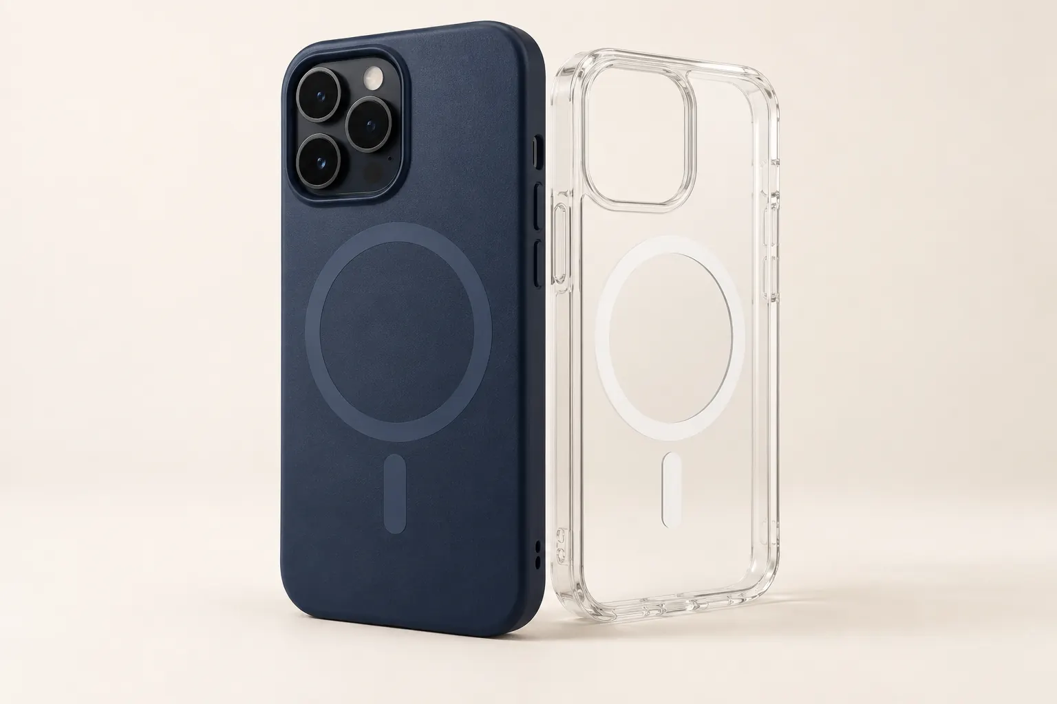 Unbranded navy and clear magnetic phone cases used for an illustrative sourcing case