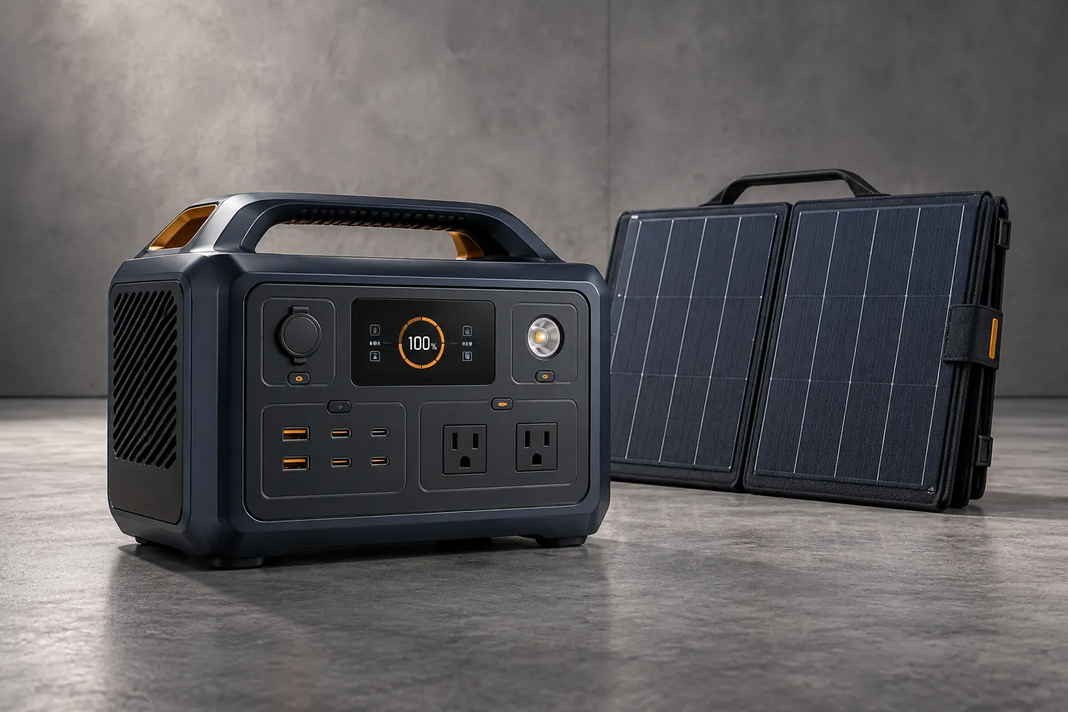 Unbranded portable power station with folding solar panel used for an illustrative sourcing case