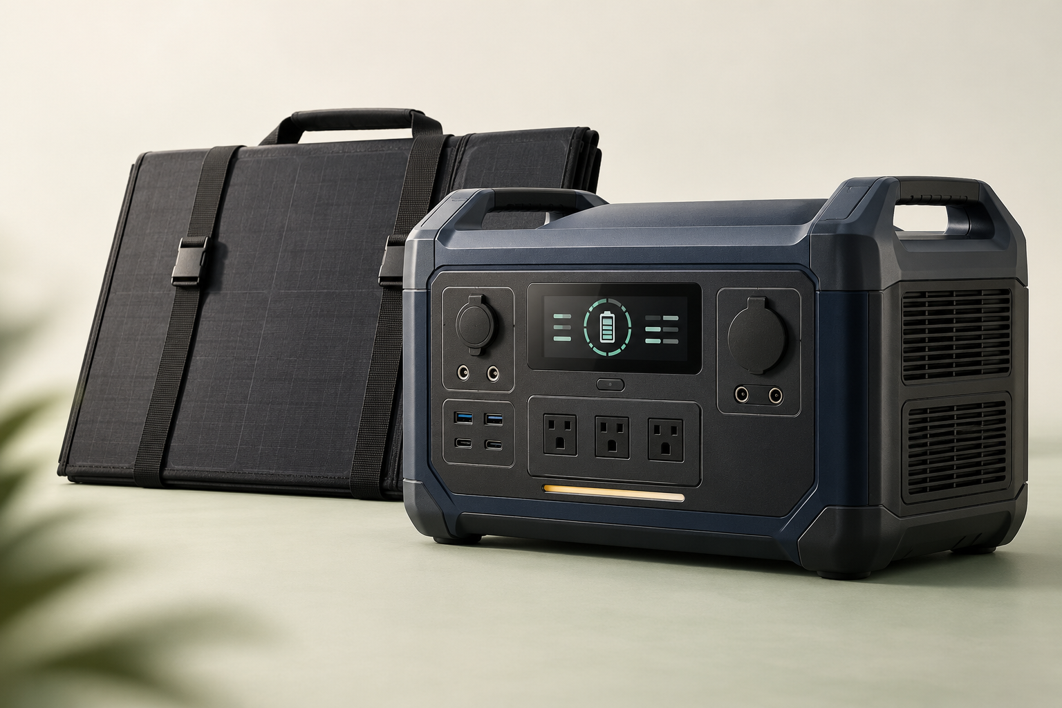 Unbranded portable power station and folding solar panel used for the illustrative report