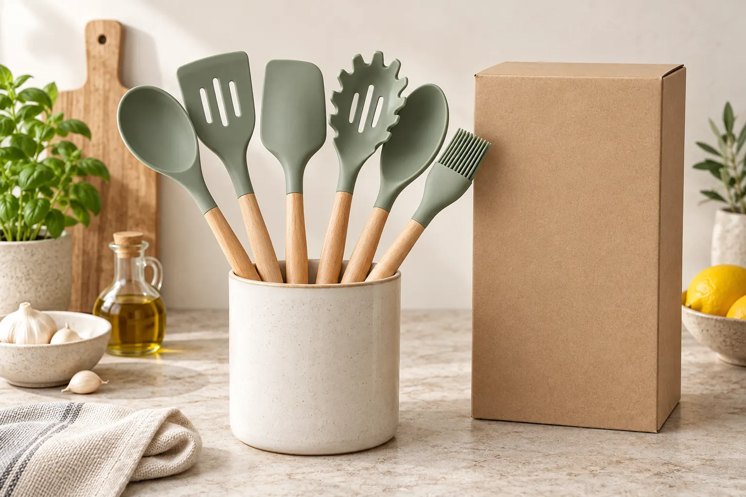 Unbranded sage silicone kitchen utensil set and kraft carton used for an illustrative sourcing case